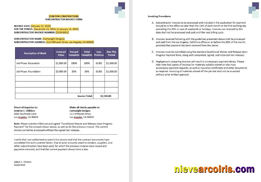 Construction Subcontractor Invoice